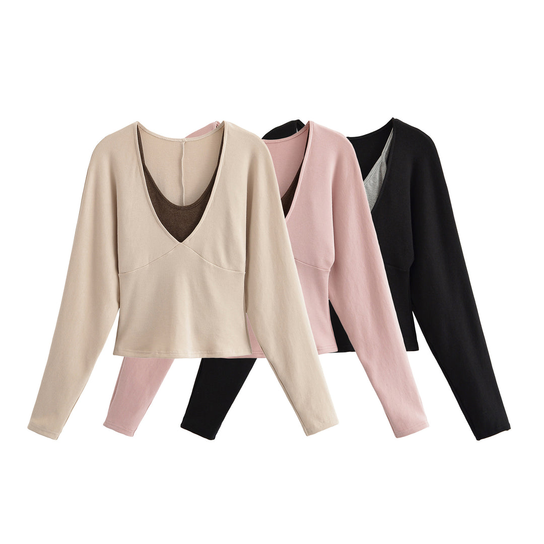 Women's Layered Look Long Sleeve Shirt with Deep V-Neck and Integrated Camisole Amarae