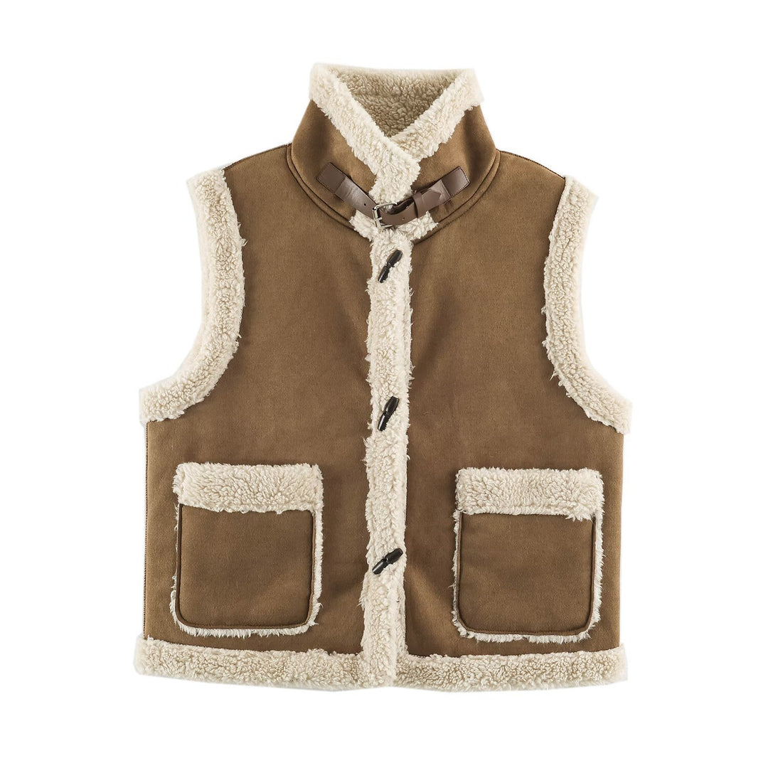 Women's Sleeveless Lambskin-Look Vest with Stand-Up Collar and Toggle Closures Amarae
