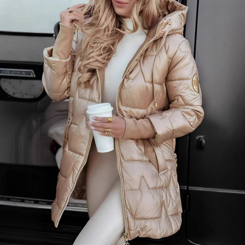 Long quilted jacket for women with high hood and side zips Amarae