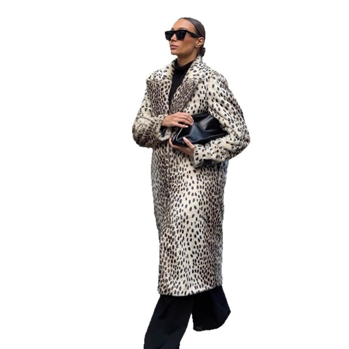 Women Mid-length Faux Fur Coat with Distinctive Spot Pattern and Lapel Collar Amarae