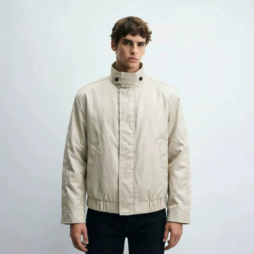Men's Short Stand Collar Blouson with Hidden Zipper and Elastic Hem Amarae