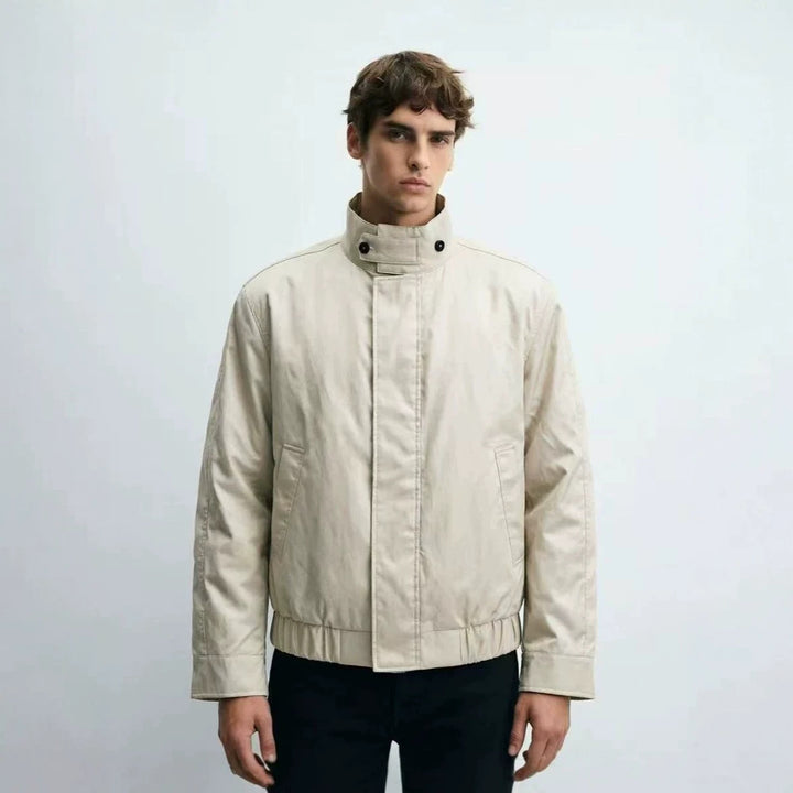 Men's Short Stand Collar Blouson with Hidden Zipper and Elastic Hem Amarae