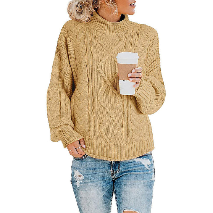 Women's knitted sweater with high collar and decorative braiding pattern Lune London