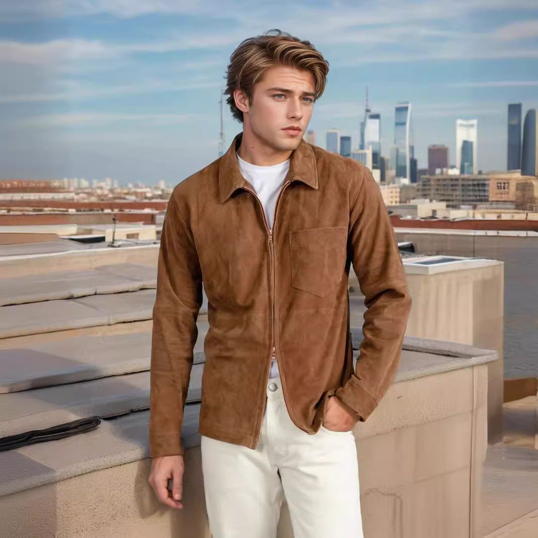 Suede jacket for men with a modern high collar and practical pockets Lune London