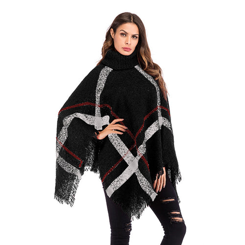 Poncho oversize pour femmes avec col roulé et motif à carreaux décontracté Chic & Stil