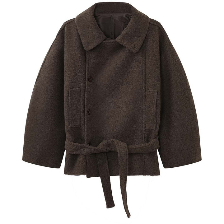 Women Short Tailored Wool Coat with Ties and Wide Stand-Up Collar Amarae