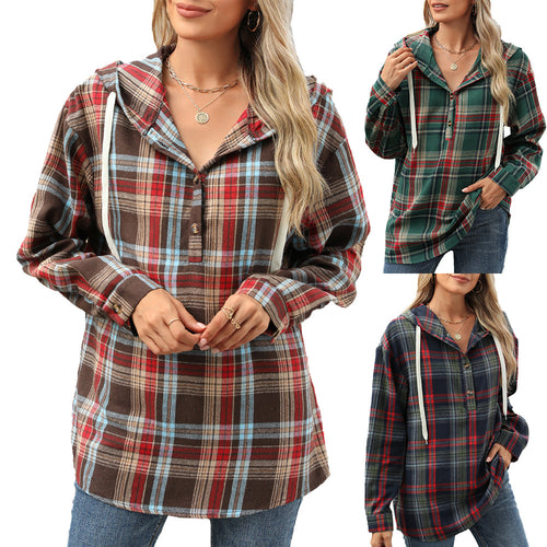Ladies Checked Overshirt with Hood and Button Details Amarae