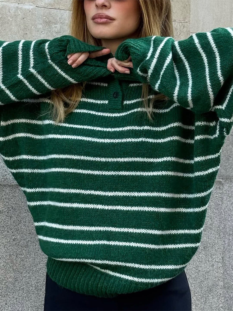 Women's Oversized Knit Sweater with Polo Collar & Stripe Pattern Amarae