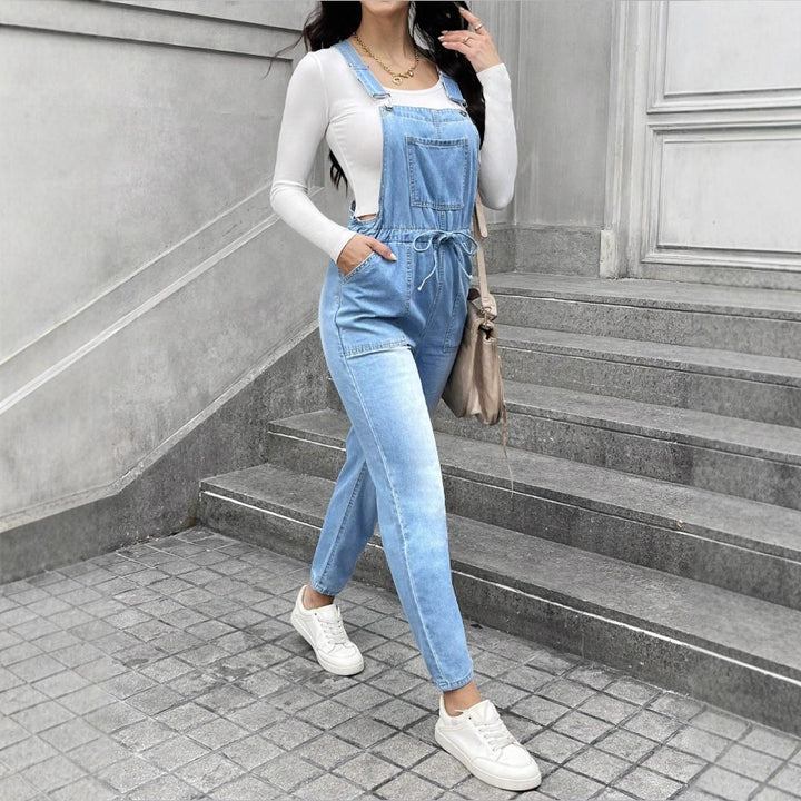 Ladies' overall-style bib pants with drawstring waistband and straight leg Amarae
