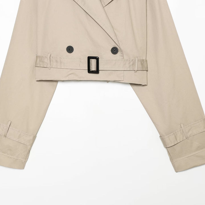 Women's short blouson trench coat with double-breasted button placket, shoulder epaulets, and waist belt Amarae