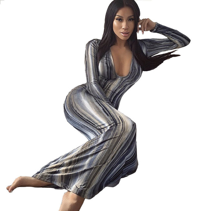 Ladies Fitted Maxi Dress with Long Sleeves and Abstract Stripe Pattern Amarae