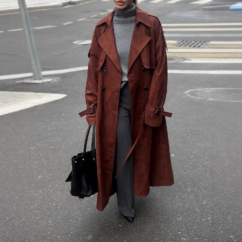 Women's long trench coat made of suede imitation with double button placket Amarae