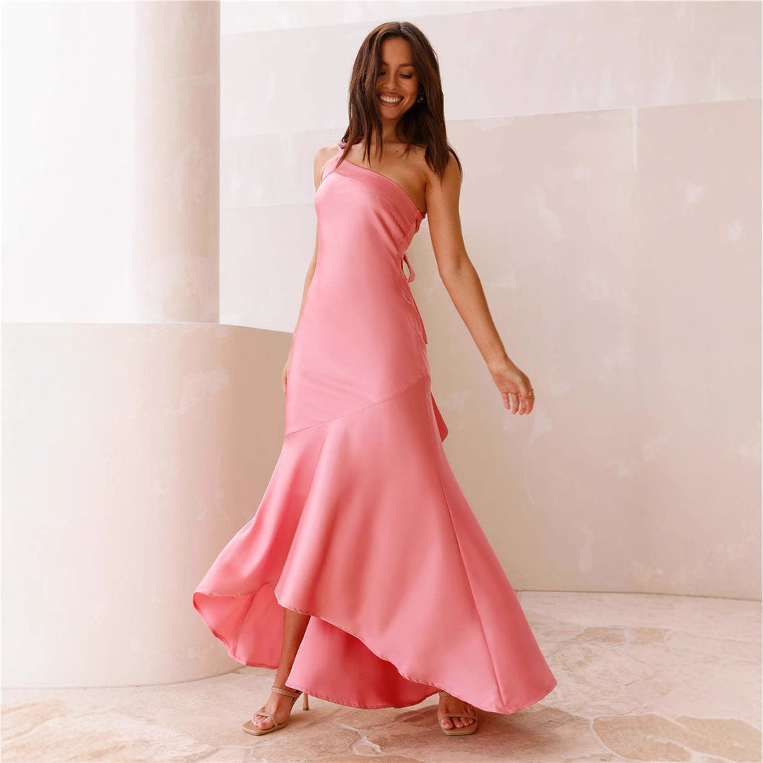 Women's Elegant Asymmetrical Maxi Dress with Off-the-Shoulder Design and Flowing Cut Lune London