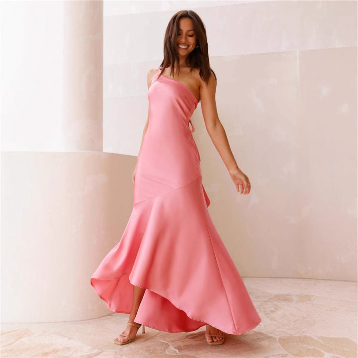 Women's Elegant Asymmetrical Maxi Dress with Off-the-Shoulder Design and Flowing Cut Lune London