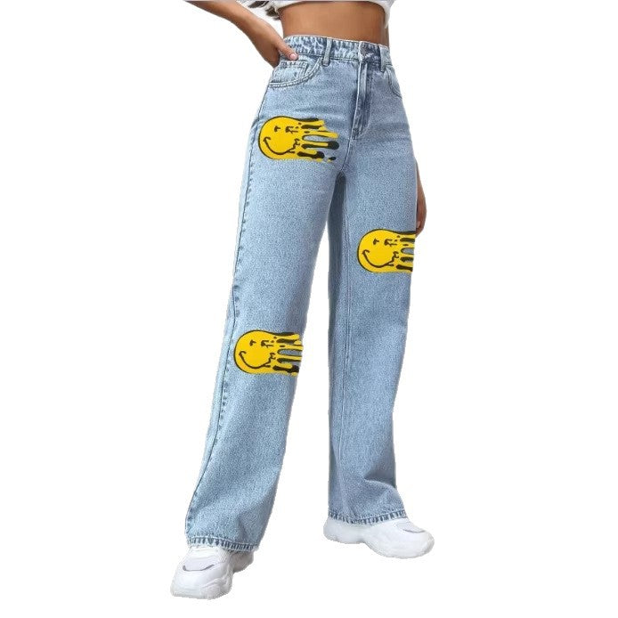 Ladies high-waisted wide denim jeans with striking print spot accents Amarae