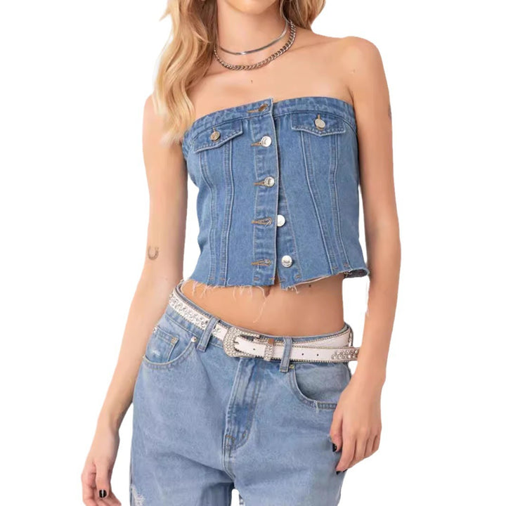 Women's Denim Crop Top with Knitted Overlay Lune London