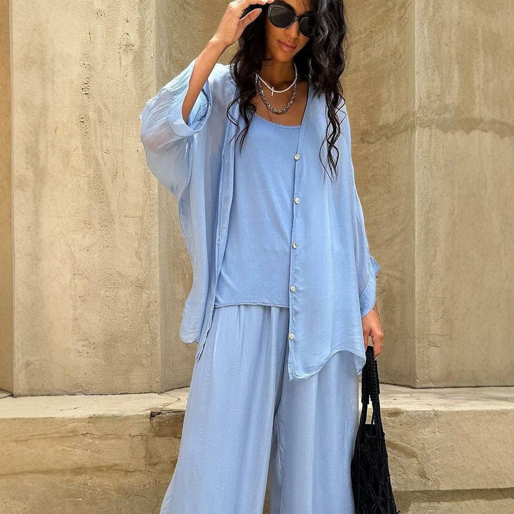 Women's Three-Piece Loungewear Set made of light viscose with oversized blouse, top and wide palazzo pants Amarae