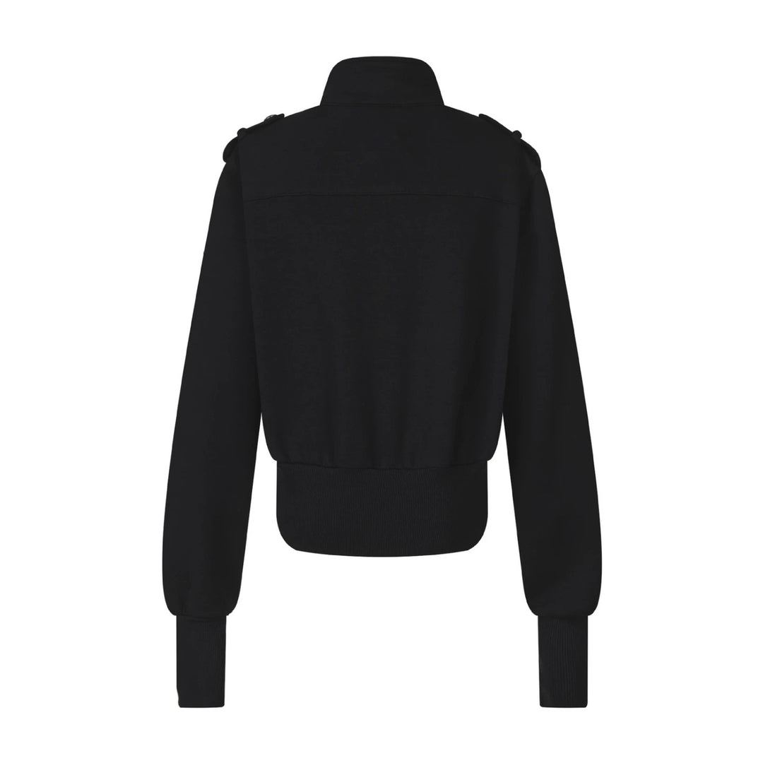 Women's Short Sweat Jacket in Military Style with Stand-Up Collar and Decorative Patches Amarae