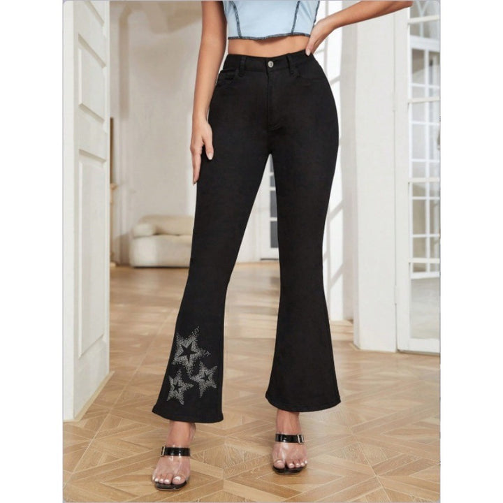 Women's High-Waisted Stretch Bootcut Jeans with Rhinestone Star Applique at Hem Amarae
