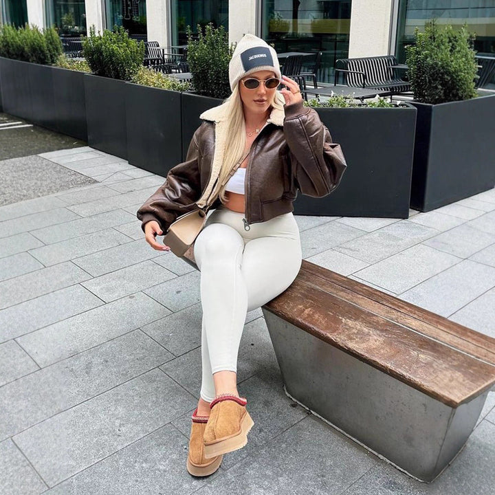 Ladies short cut pilot jacket with teddy lining and oversized sleeves Amarae