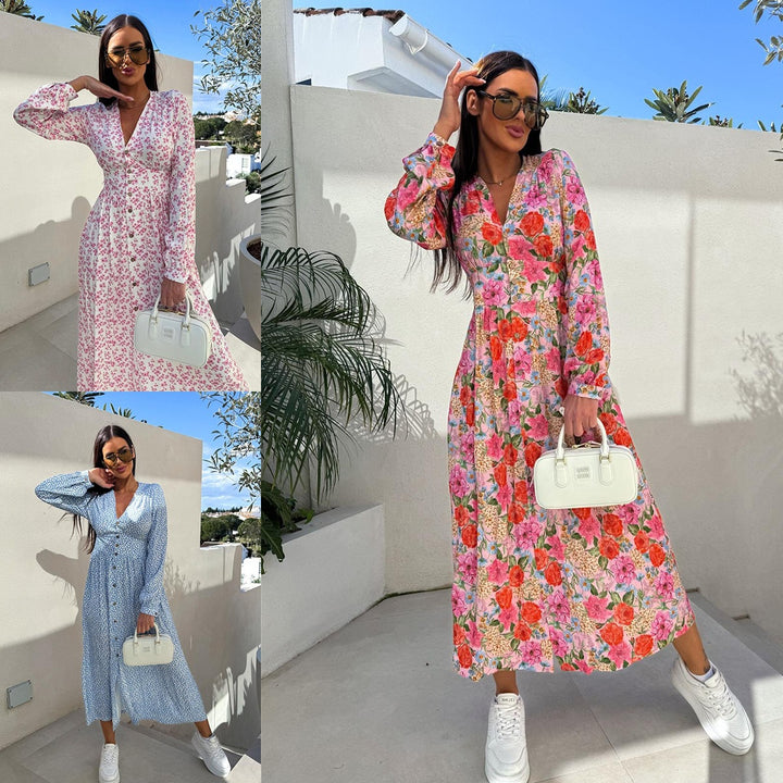 Elegant maxi dresses for women with floral patterns and button details Lune London