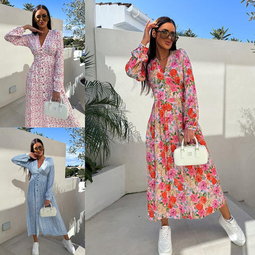 Elegant maxi dresses for women with floral patterns and button details Amarae