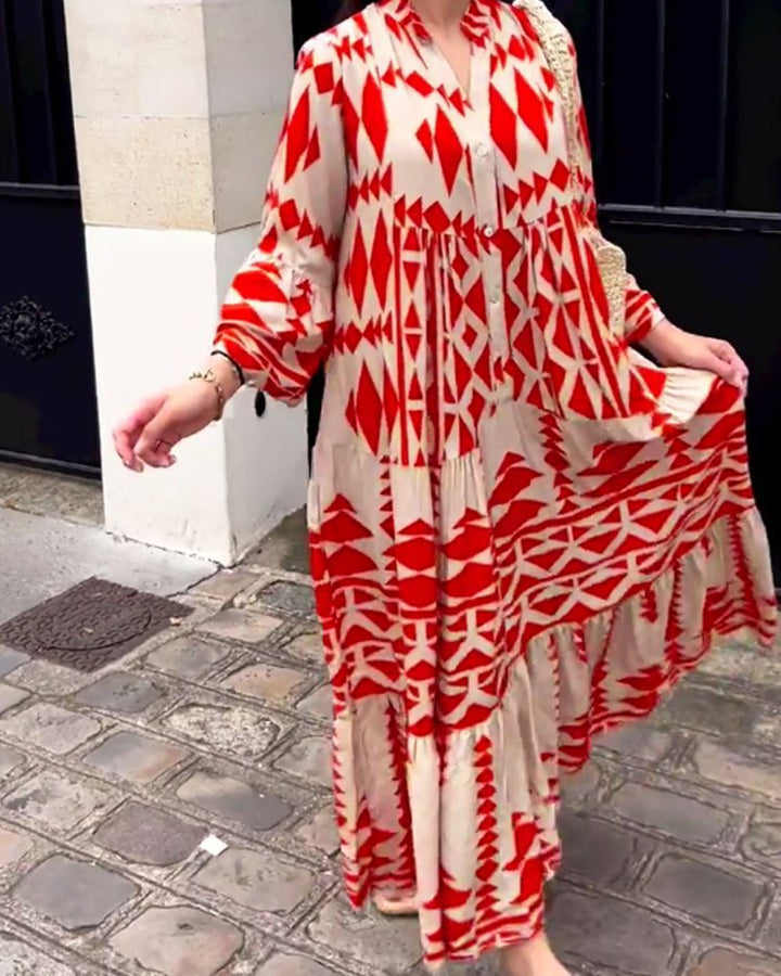 Women's Loose Maxi Dress in Boho Style with Graphic Print, V-Neck and Button Placket Amarae