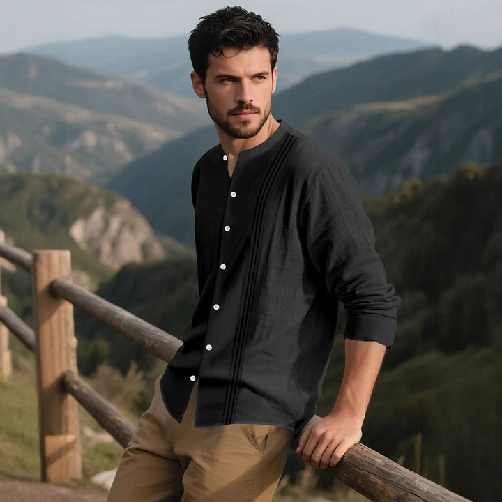 Trendy long-sleeve shirt for men with textured surface and innovative high collar Lune London