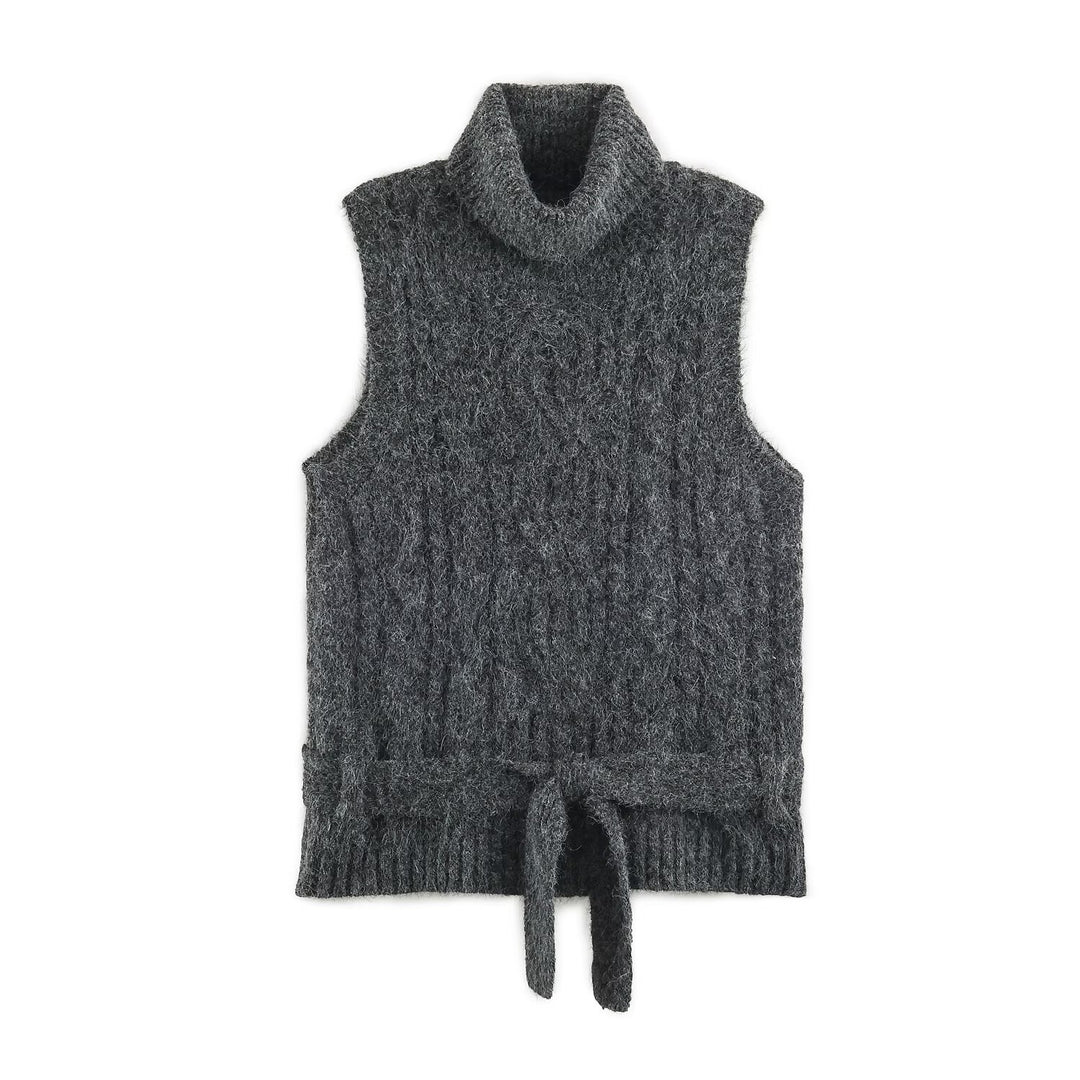 Women's Sleeveless Cable Knit Vest with Roll Neck and Ties Amarae