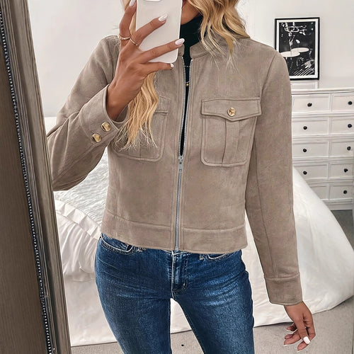 Ladies Short Fashion Jacket in Soft Suede Look with Practical Pockets Amarae