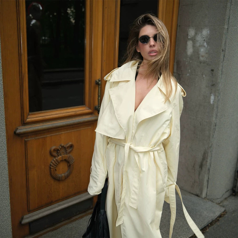 Women's Lightweight Long Trench Coat with Oversized Silhouette, Wide Shawl Collar and Extended Sleeves Amarae