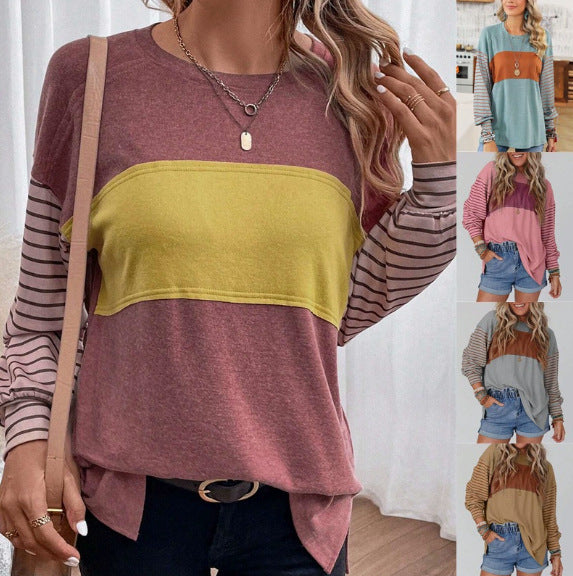 Women's Loose Colorblock Sweatshirt with Striped Sleeves and Round Neck Amarae