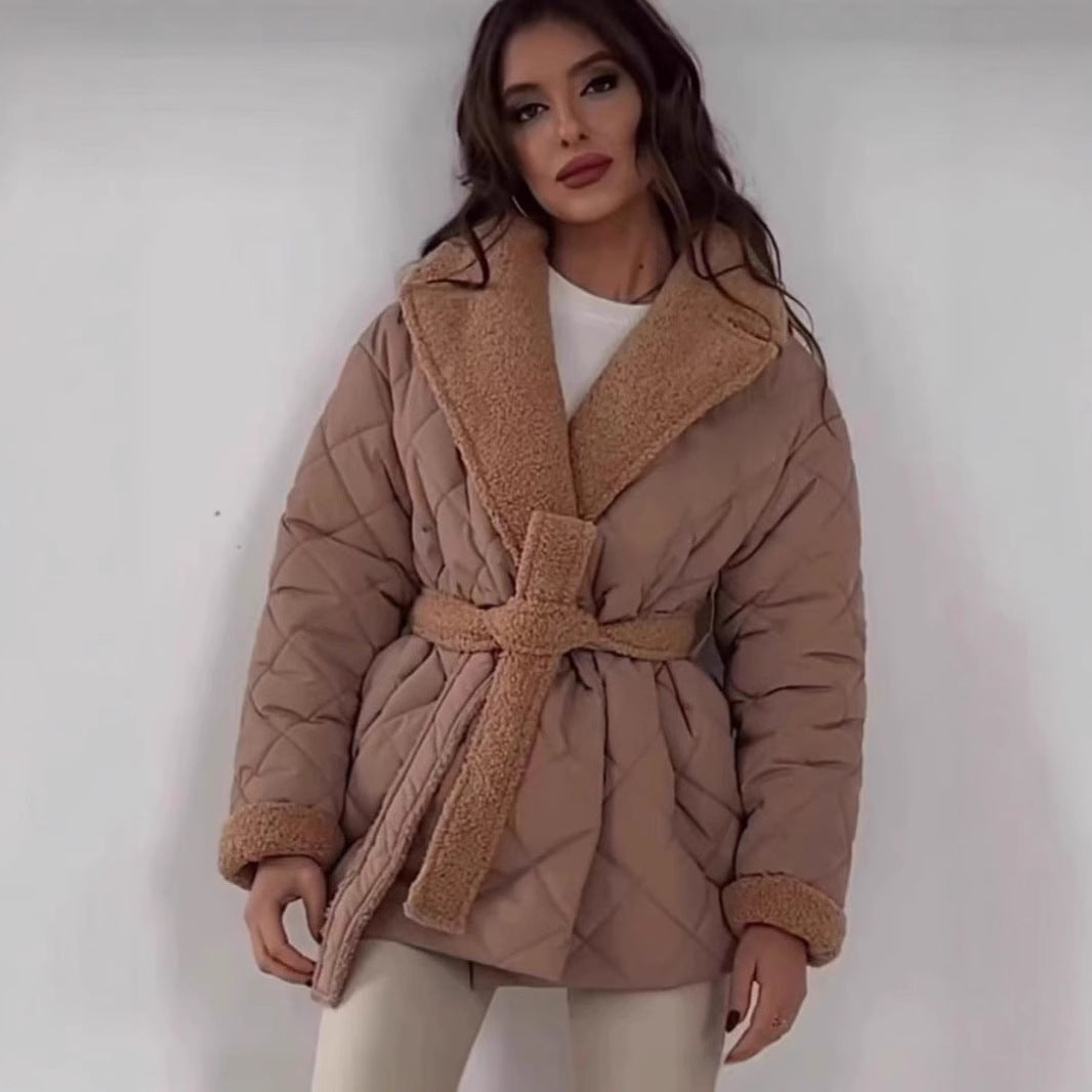 Quilted fleece jacket for women with belt and large collar Lune London