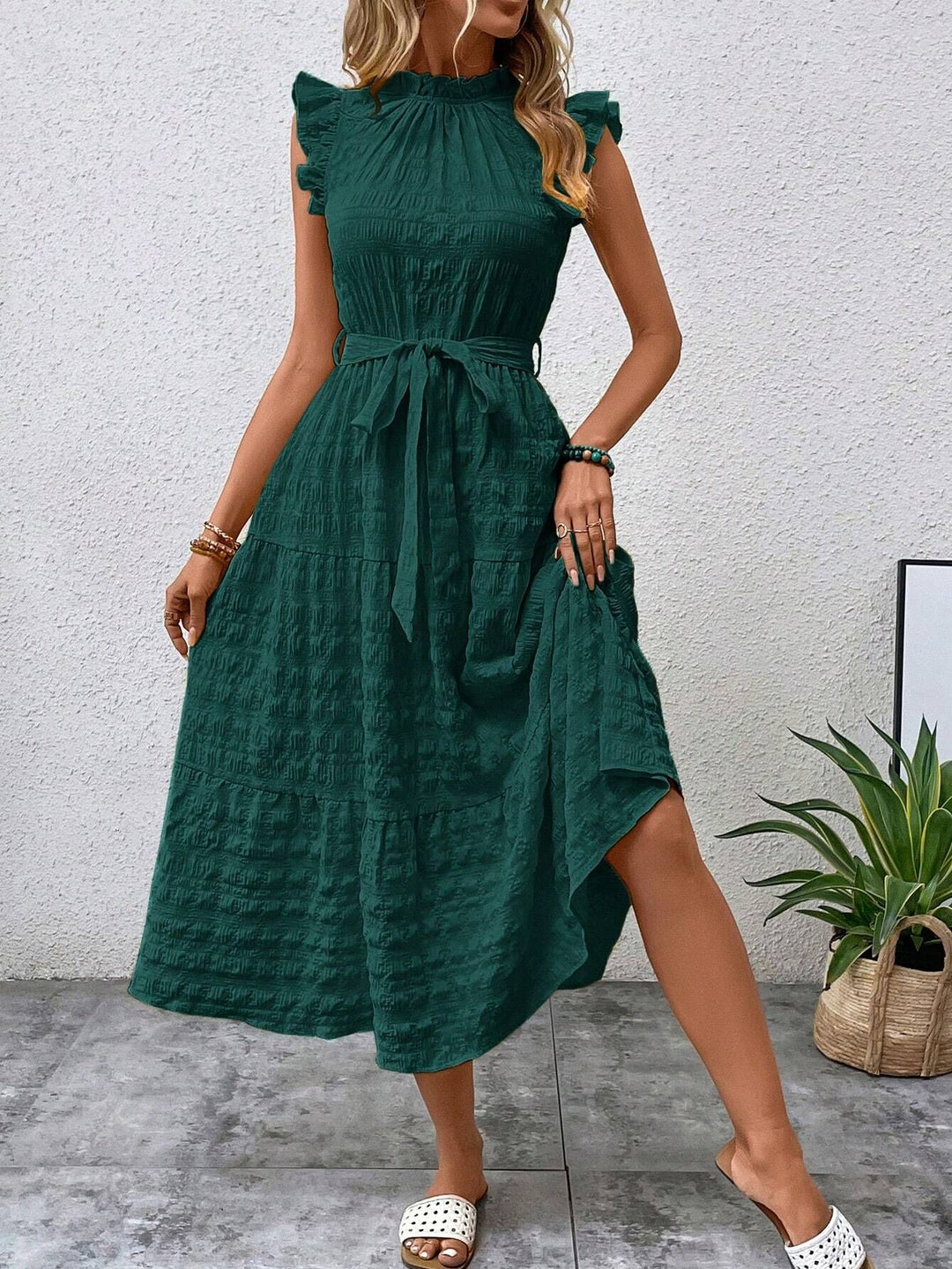 Midi dress for women with ruffled sleeves and belt at the waist Lune London