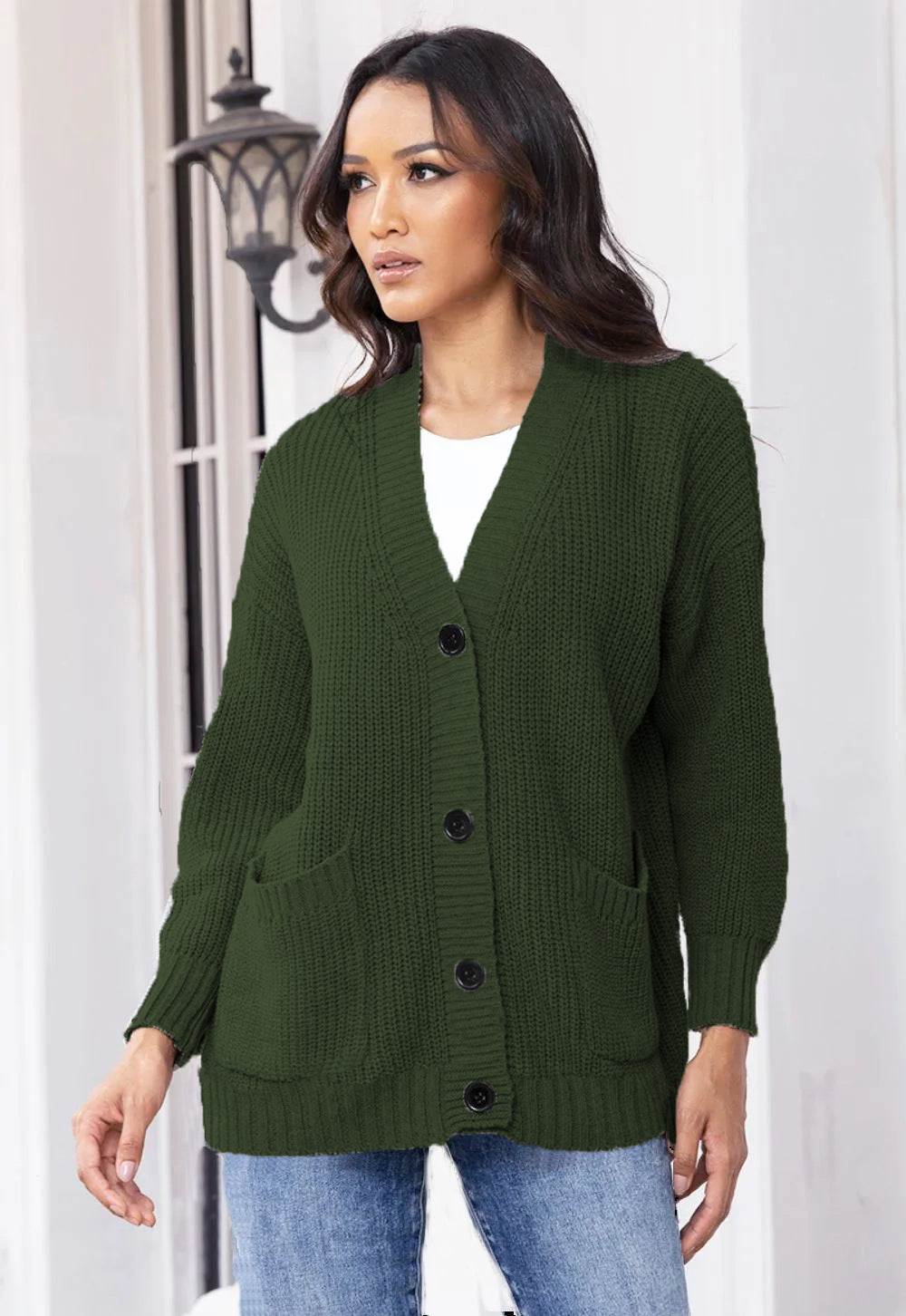 Ladies Chunky Knit Cardigan with practical pockets and classic button closure Lune London