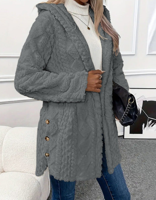 Ladies oversized cozy coat with hood and button placket Amarae