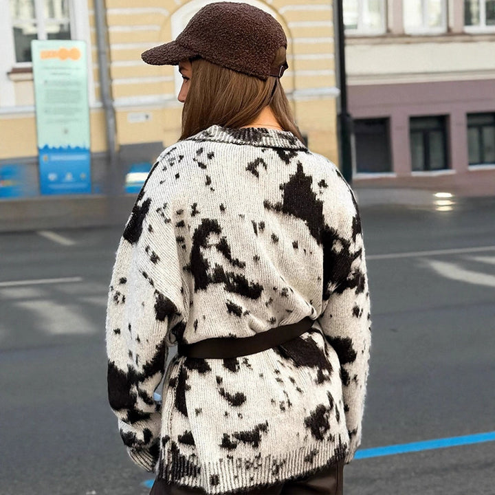 Women’s Oversized Knitted Cardigan with Tie-Dye Pattern, V-Neck and Button Placket Amarae