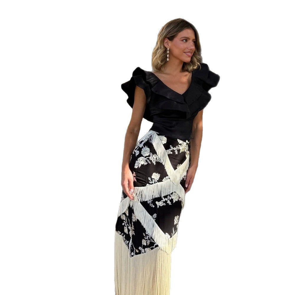 Women's Maxi Skirt with Floral Print & Layered Fringe Details Amarae
