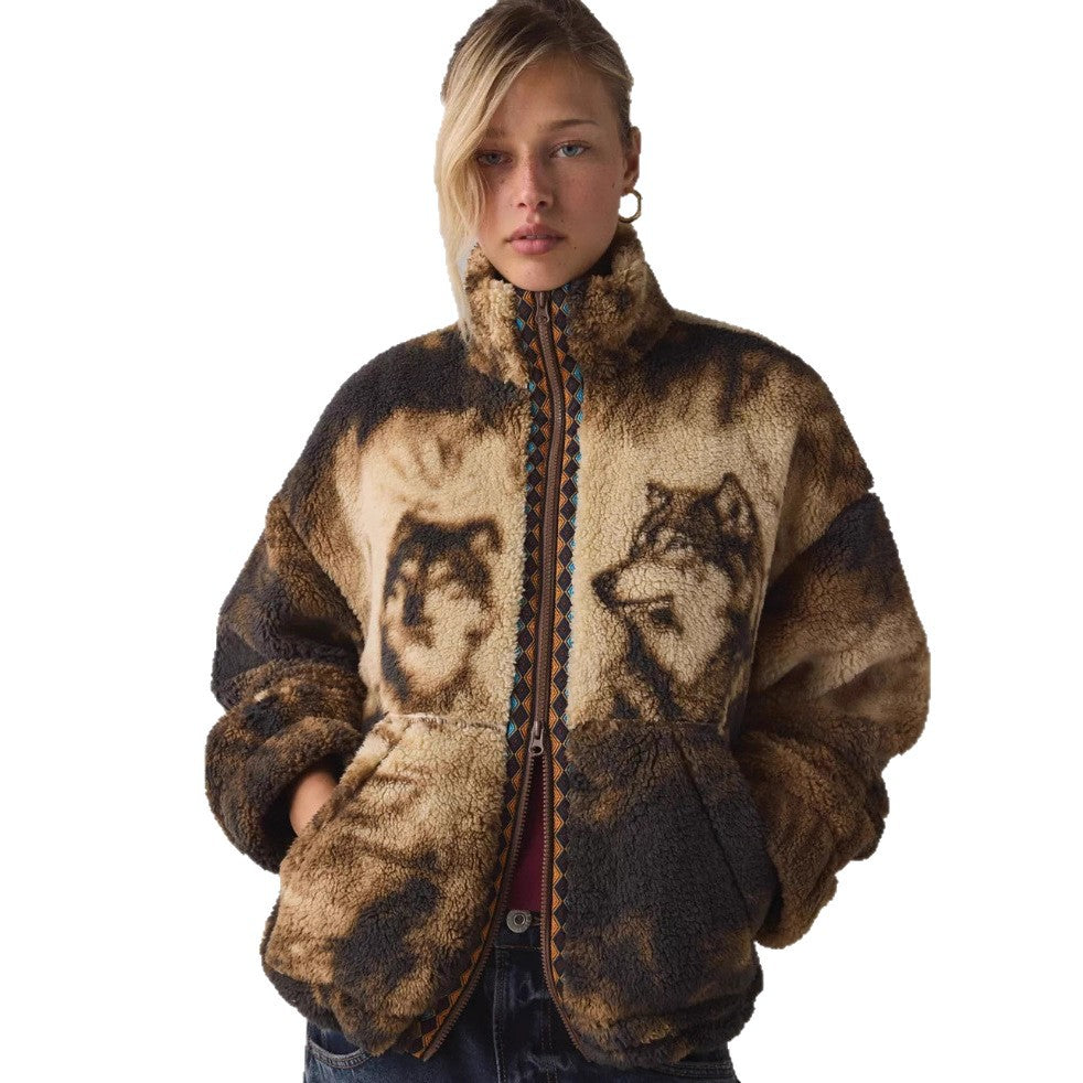 Veste en polaire pour femmes avec motif animal et col montant Chic & Stil