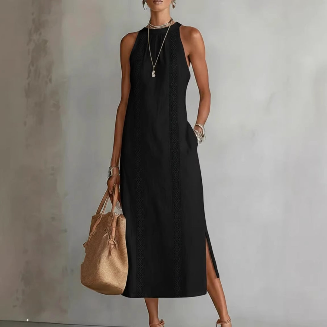 Women Elegant Summer Maxi Dress with Lace Appliqué and Side Slit Lune London