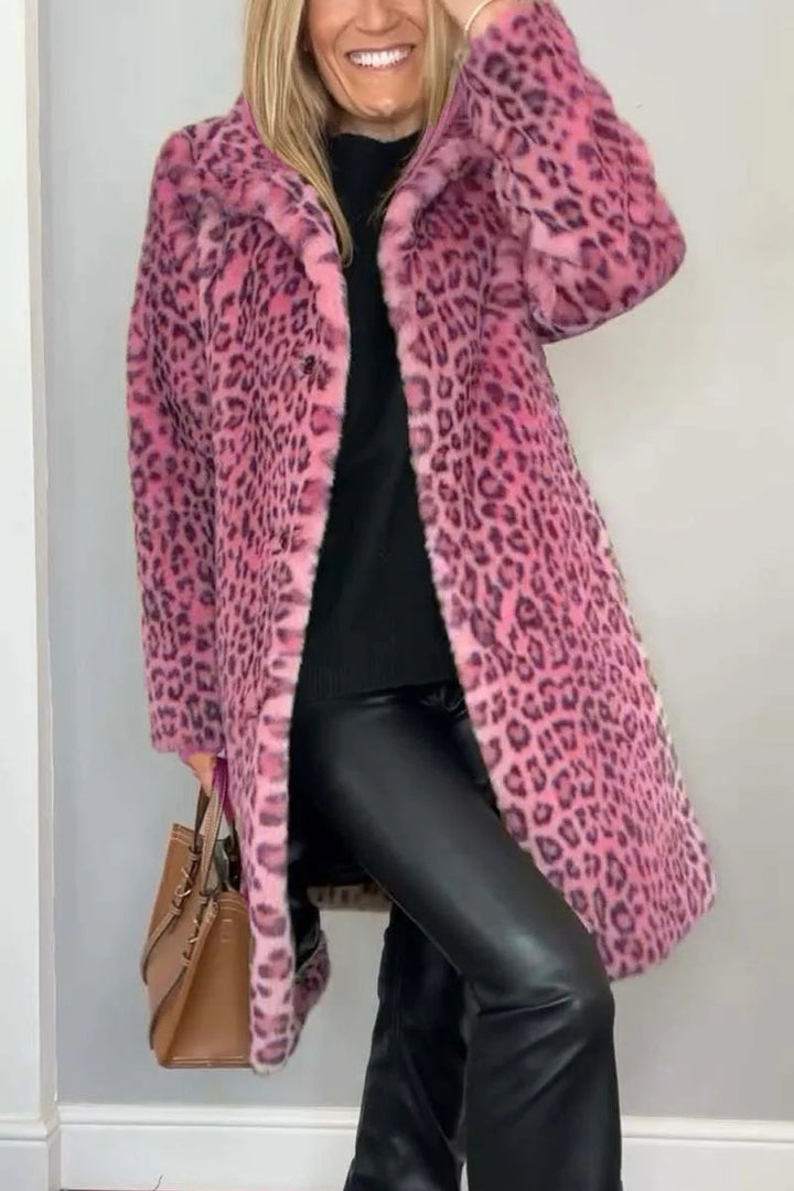 Ladies Leopard Print Faux Fur Jacket with High Collar Lune London