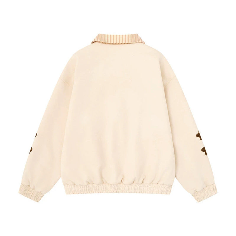 Women's zip sweat jacket with striped collar, front pockets and cute embroidery Amarae