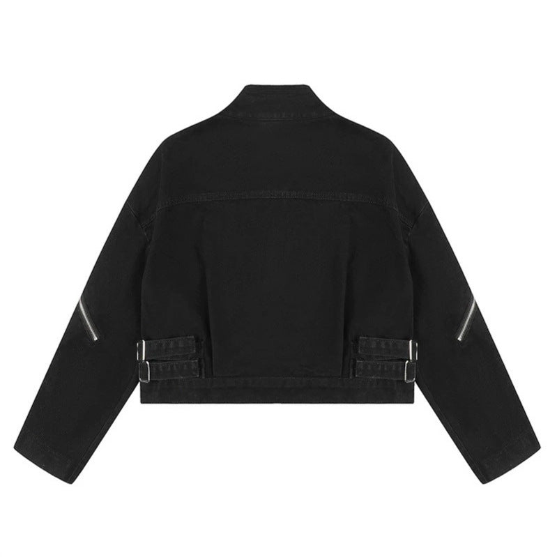 Women's Cropped Utility Jacket with Stand Collar, Multiple Pockets and Zip Sleeves Amarae