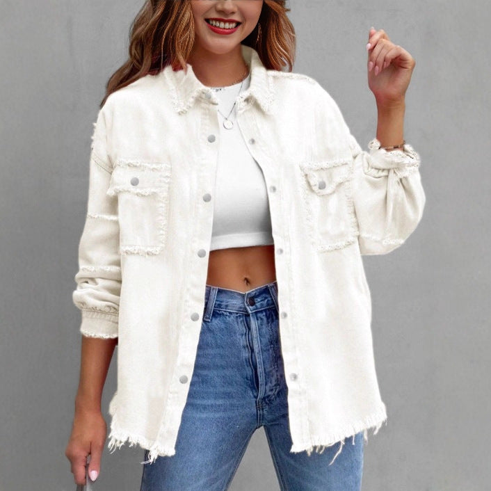 Women's Casual Denim Shirt-Style Jacket with Raw Edge and Snap Button Placket Amarae