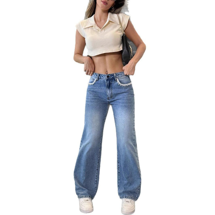 Ladies high-waisted wide jeans pants with straight leg and lace trim Amarae