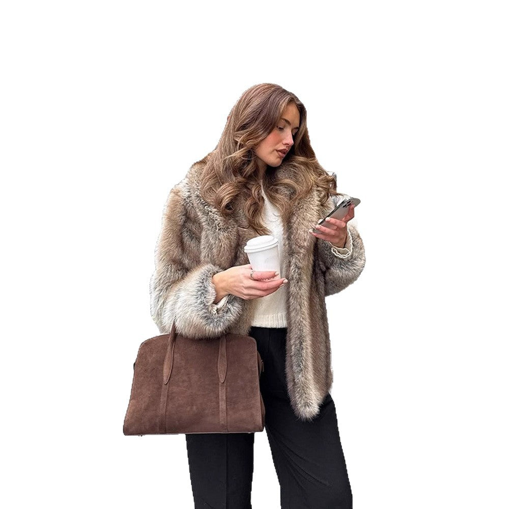 Women Boxy Faux Fur Coat with Luxurious Shawl Collar and Warm Padding Amarae