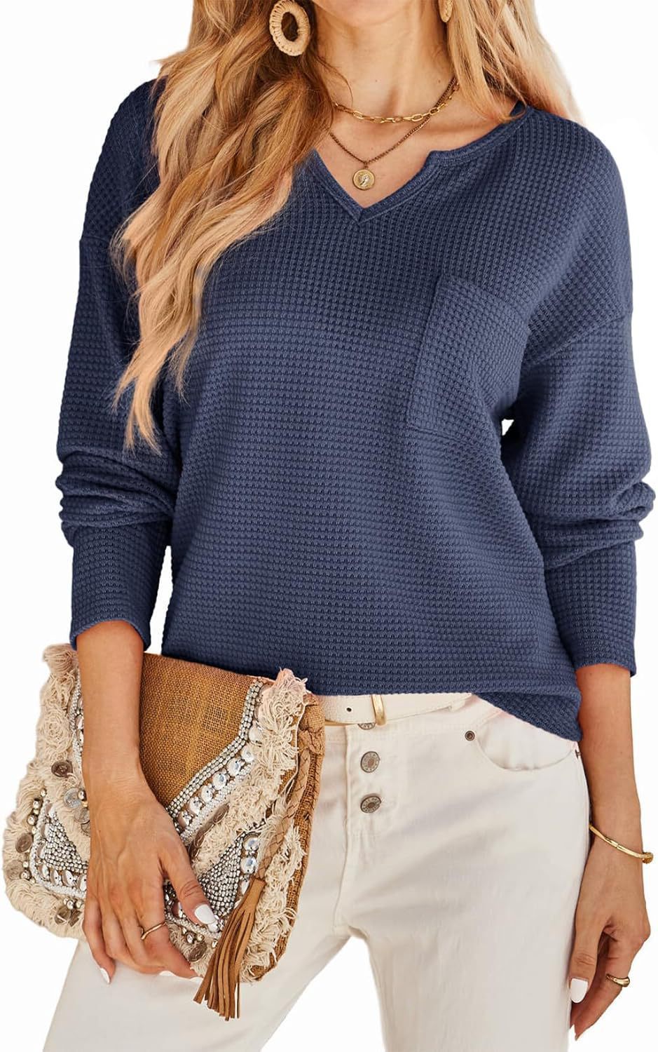 Women’s waffle knit sweater with V-neck and chest pocket Lune London