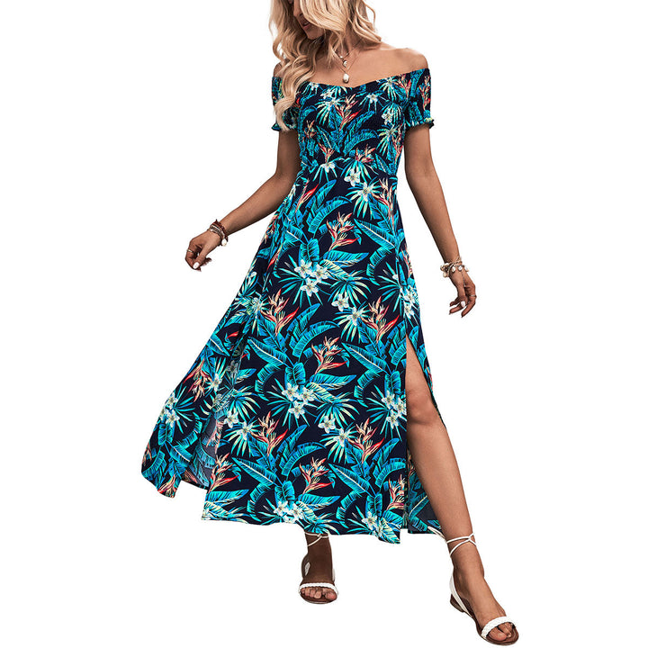 Off-Shoulder Maxi Flower Dress Women with High Split Detail Lune London