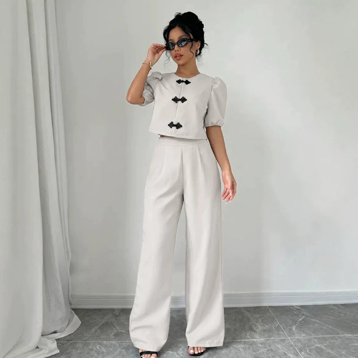 Women Two-Piece Tailoring Set with Short Jacket, Puff Sleeves and High-Cut Wide Pants Amarae