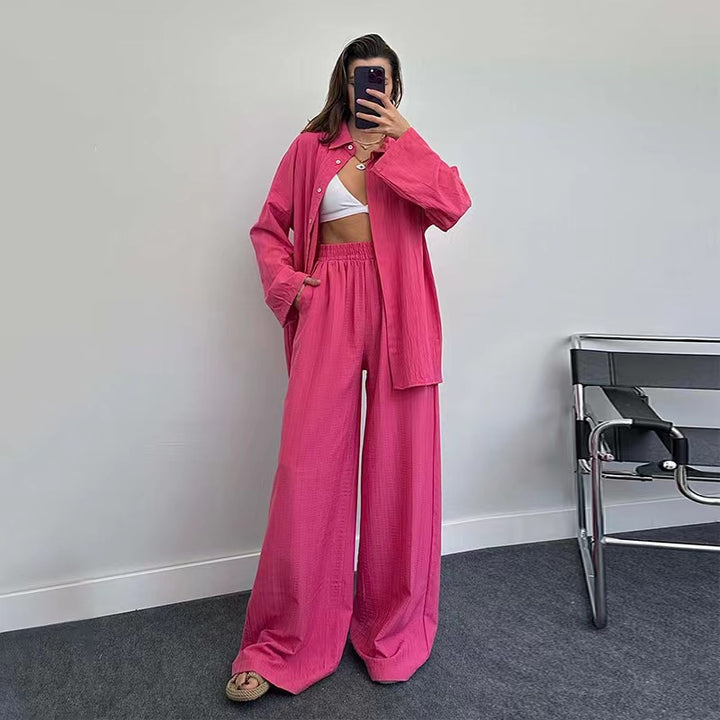 Plus size casual shirt set for women and chic wide leg pants